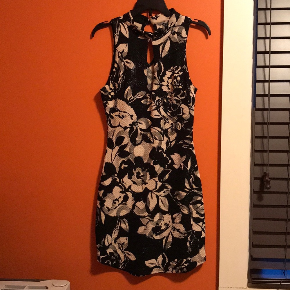 Tan and Black Floral Tight Dress